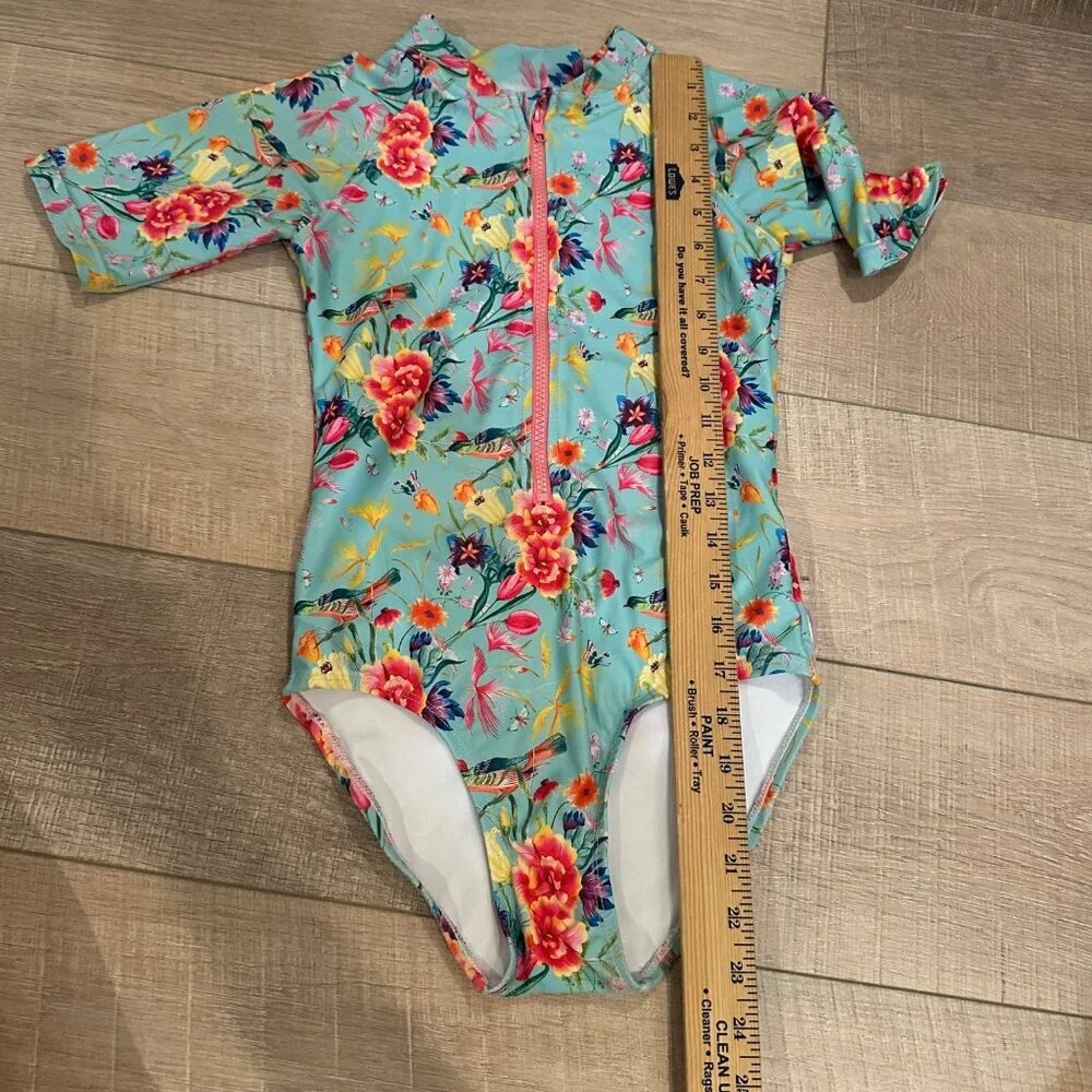 TAME THE SUN GIRLS 1 PIECE SWIM SUIT SIZE 9 BIRD BLUE FLORAL RUFFLES